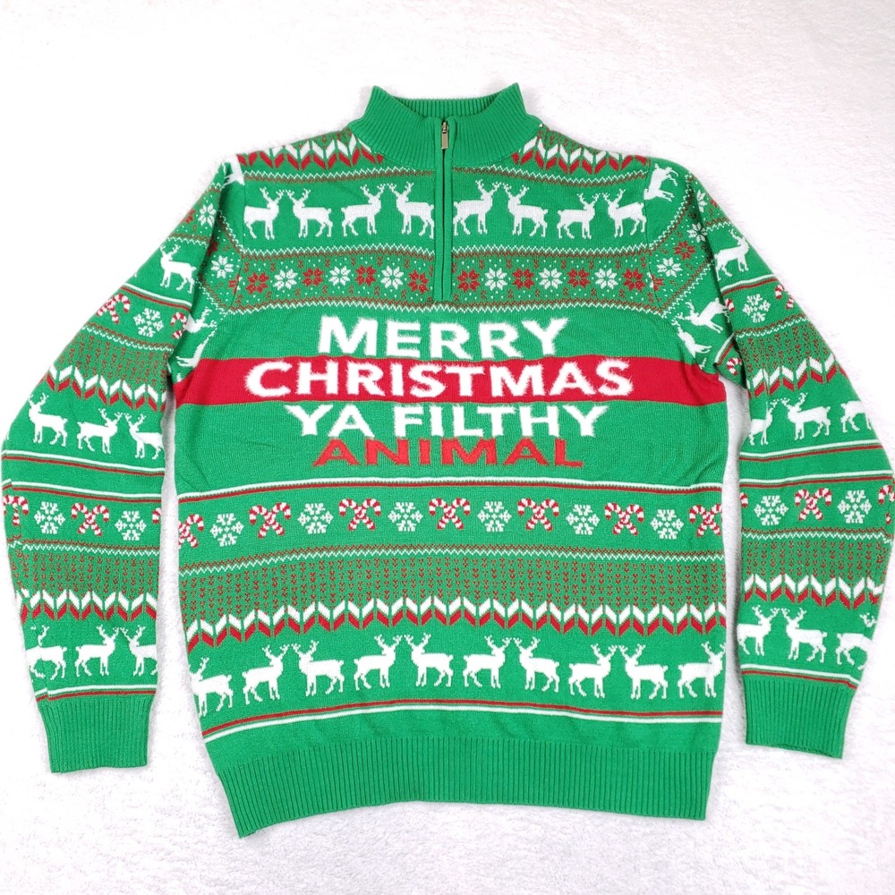 You Look Ugly Today Merry Christmas Ya Filthy Animal Quarter Zip Sweater XL